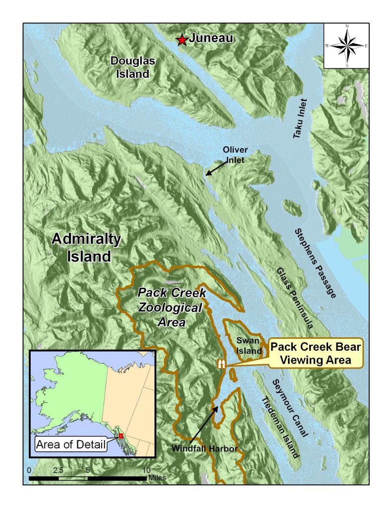 USFS Tongass National Forest map of the Pack Creek Bear Viewing Area on Admiralty Island outside Juneau, Alaska