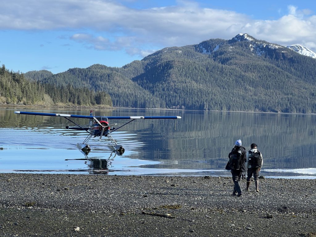 Floatplane approaching tidal flats at Pack Creek, Admiralty Island. Bear viewing with Wild Coast Excursions in Juneau, Alaska