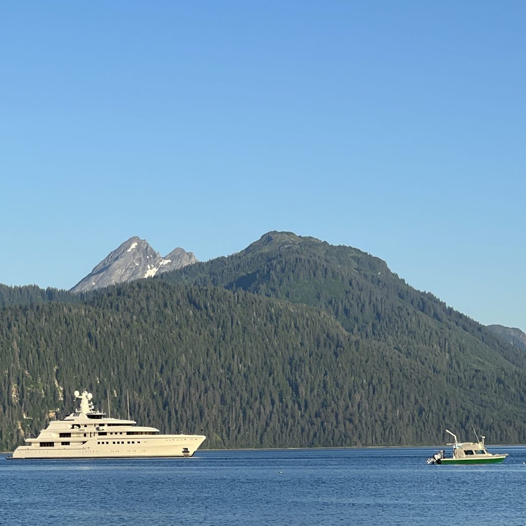 Wild Coast Excursions' Private bear viewing tour picking up guests from a yacht anchored near Chichagof Island, Alaska