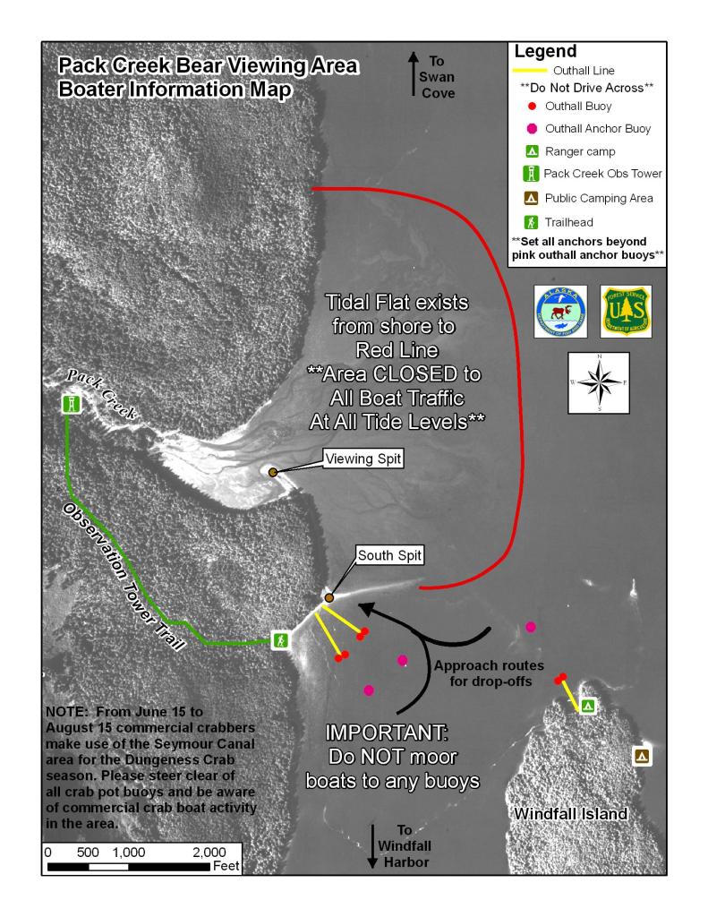USFS Pack Creek Bear Viewing Area Boater Information Map showing South Spit, Viewing Spit, Observation Tower Trail, tidal flats, boat approach routes, anchoring guidelines, and overall site layout.